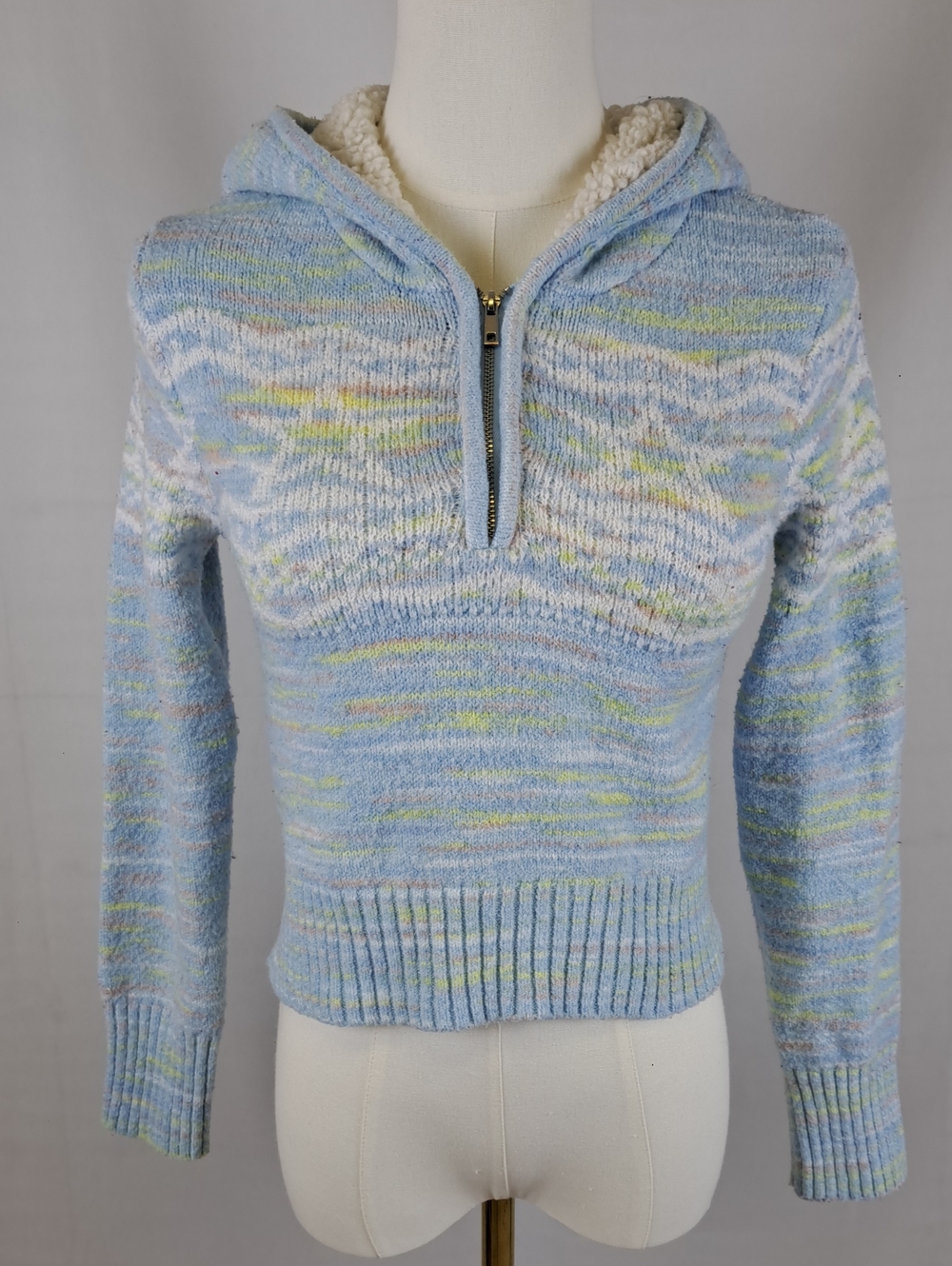 No Boundaries Light Blue Marled Pastel Knit Sherpa Hooded Half Zip Sweater Y2K S